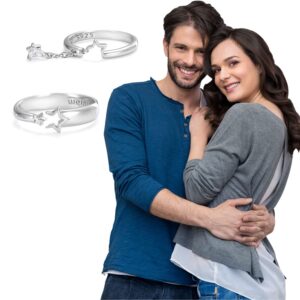 2 Pcs Hollow Star Couple Fashion Meteor Ring Opening Adjustable Ring Promise Ring Friends Couple Gift Jewelry (Silver)