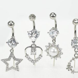 14G Surgical Steel Belly Button Rings Round/Love Heart Clear CZ Navel Curved Barbell Studs Sexy Body Piercing (4PCS - Steel - Style B)