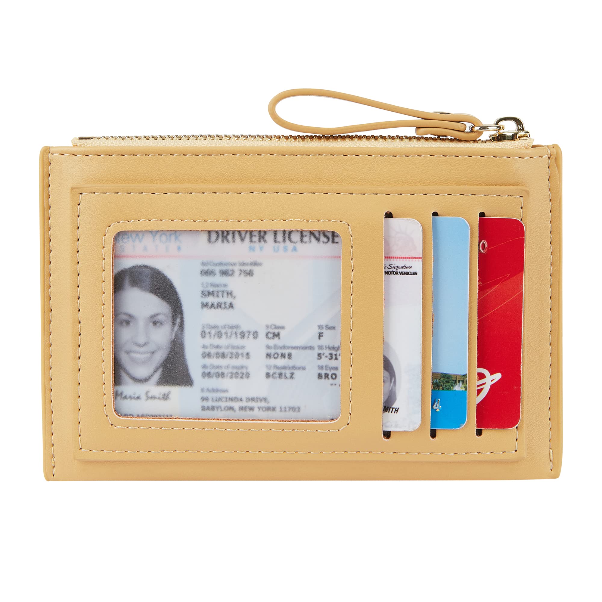 Women's Leather Slim Minimalist Card Holder Case Cute Small Zipper Coin Change Wallet, Yellow