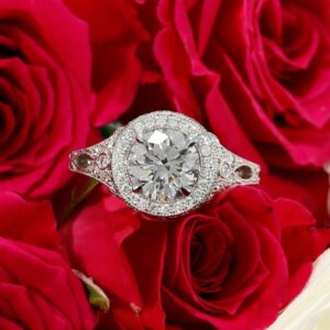 BeBold 2.5ct Round Cut Simulated Diamond CZ Halo Milgrain Engagement Ring for Women White Gold Plated Stylish