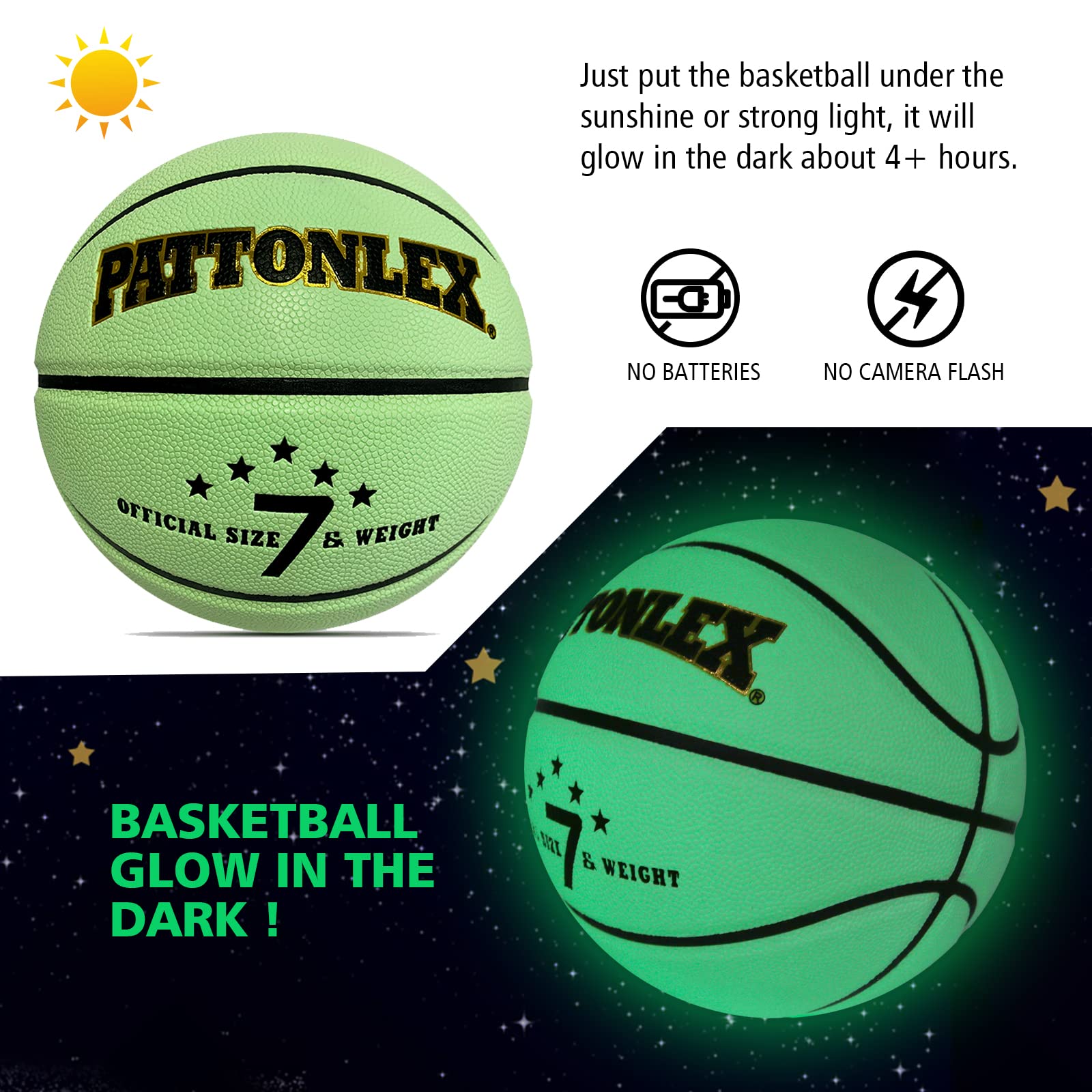 PATTONLEX Glow in The Dark Basketball Outdoor 29.5 Size 7 Glowing Leather Basketballs for Youth Men Boys and Girls