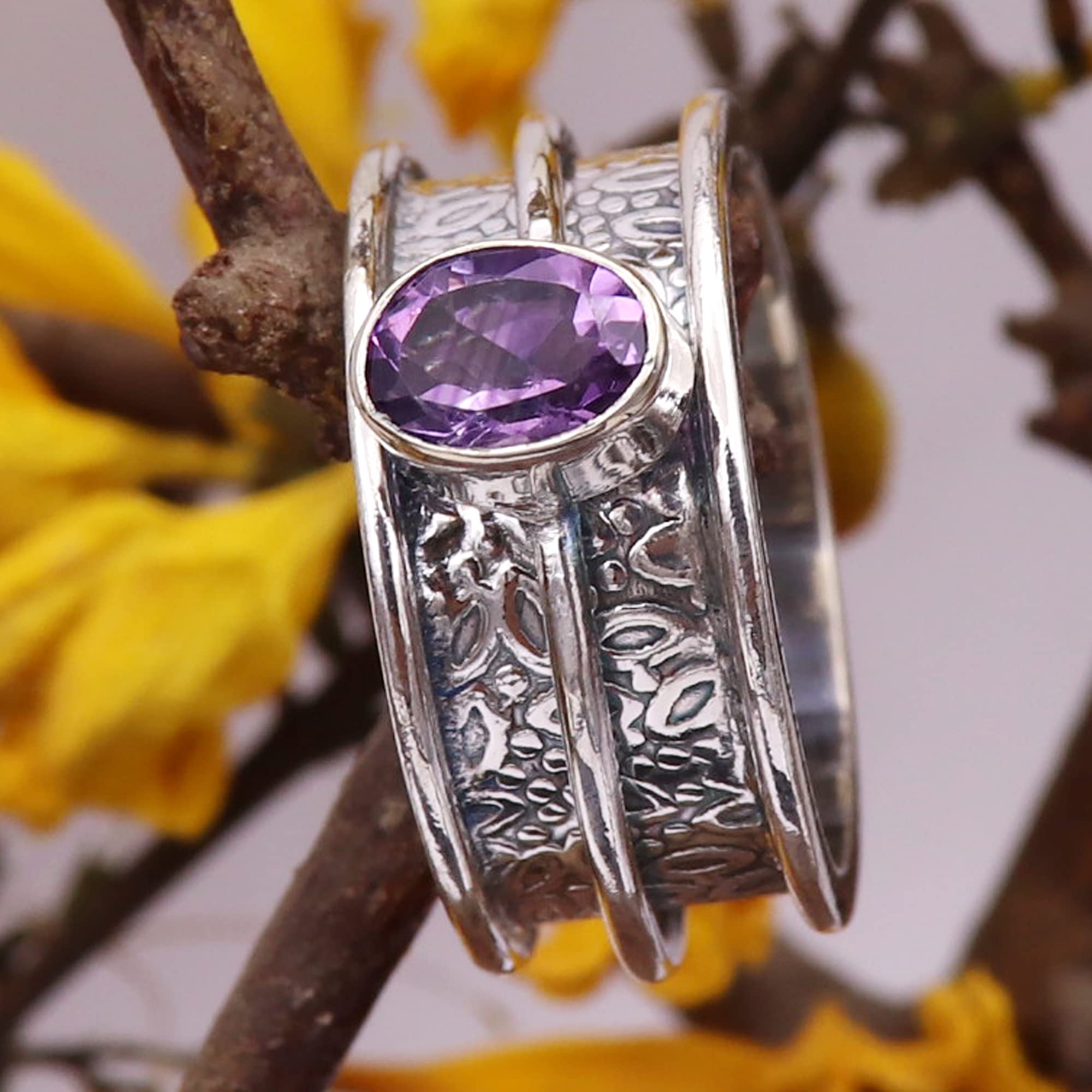 Amethyst Silver Spinner Ring 925 Solid Sterling Silver Band Meditation Ring By Goyal Exports SRG328D (US-5)