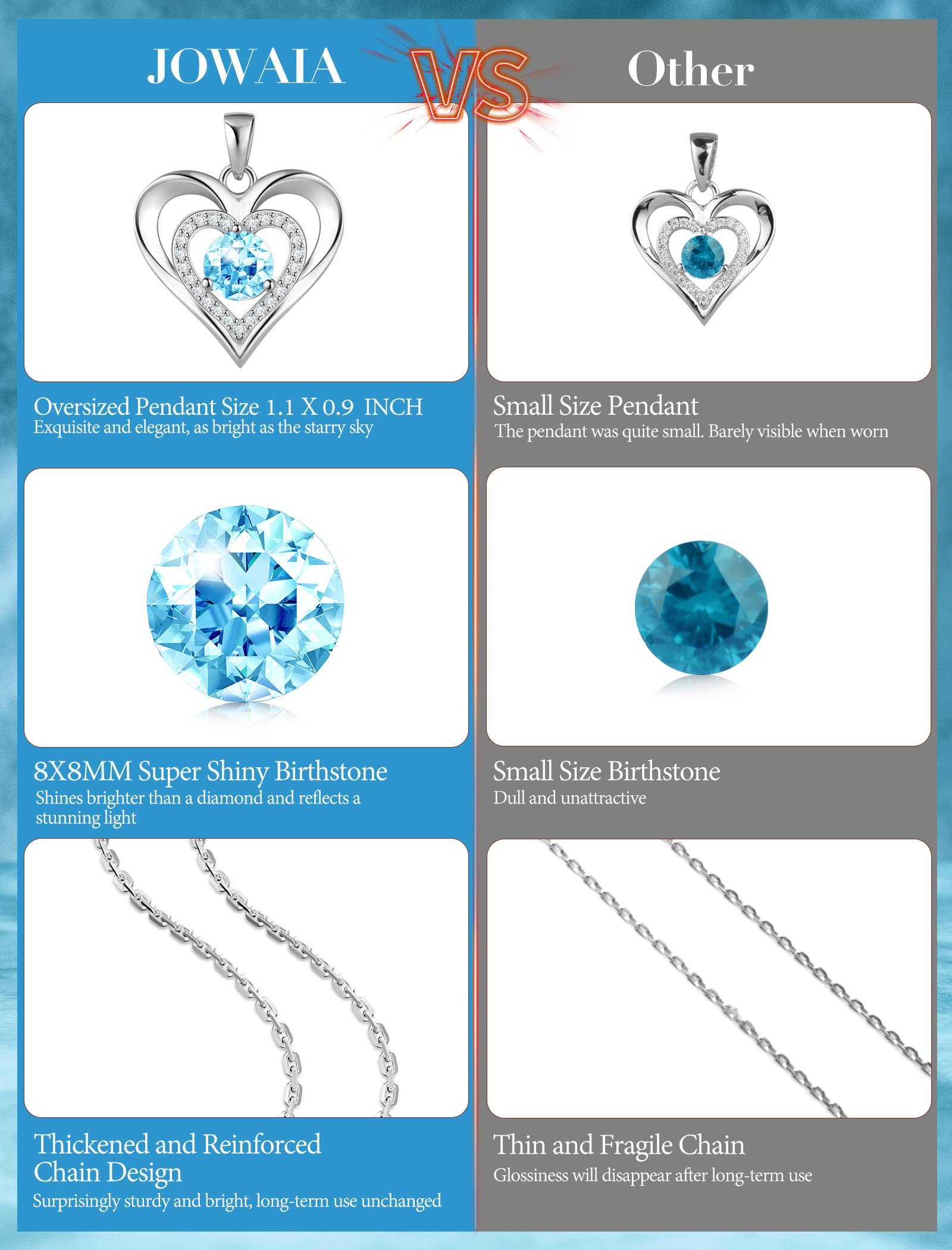 925 Sterling Silver Heart Necklace for Women Love Pendant Shiny Large Creat Aquamarine Birthstone Necklace Jewelry Valentine's Day Birthday Mothers Day Gifts for Mom Her Women Wife