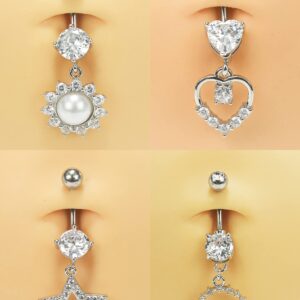 14G Surgical Steel Belly Button Rings Round/Love Heart Clear CZ Navel Curved Barbell Studs Sexy Body Piercing (4PCS - Steel - Style B)