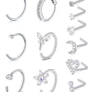 Anicina Nose Rings 18G Nose Rings Hoops Surgical Steel Nose Piercing Kit L Shape Nose Studs for Women CZ Heart Moon nose piercings Silver Nose Piercing Jewelry