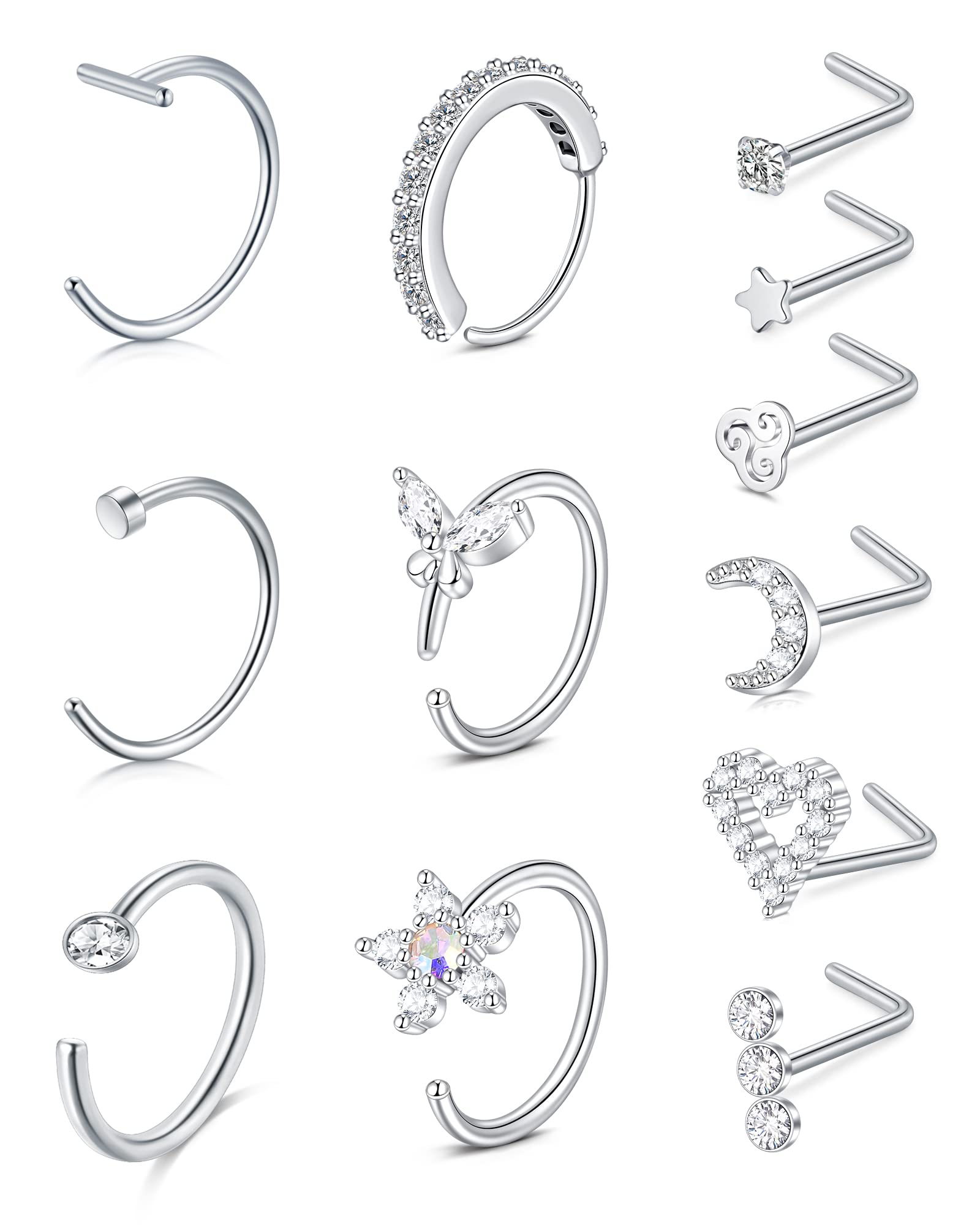 Anicina Nose Rings 18G Nose Rings Hoops Surgical Steel Nose Piercing Kit L Shape Nose Studs for Women CZ Heart Moon nose piercings Silver Nose Piercing Jewelry