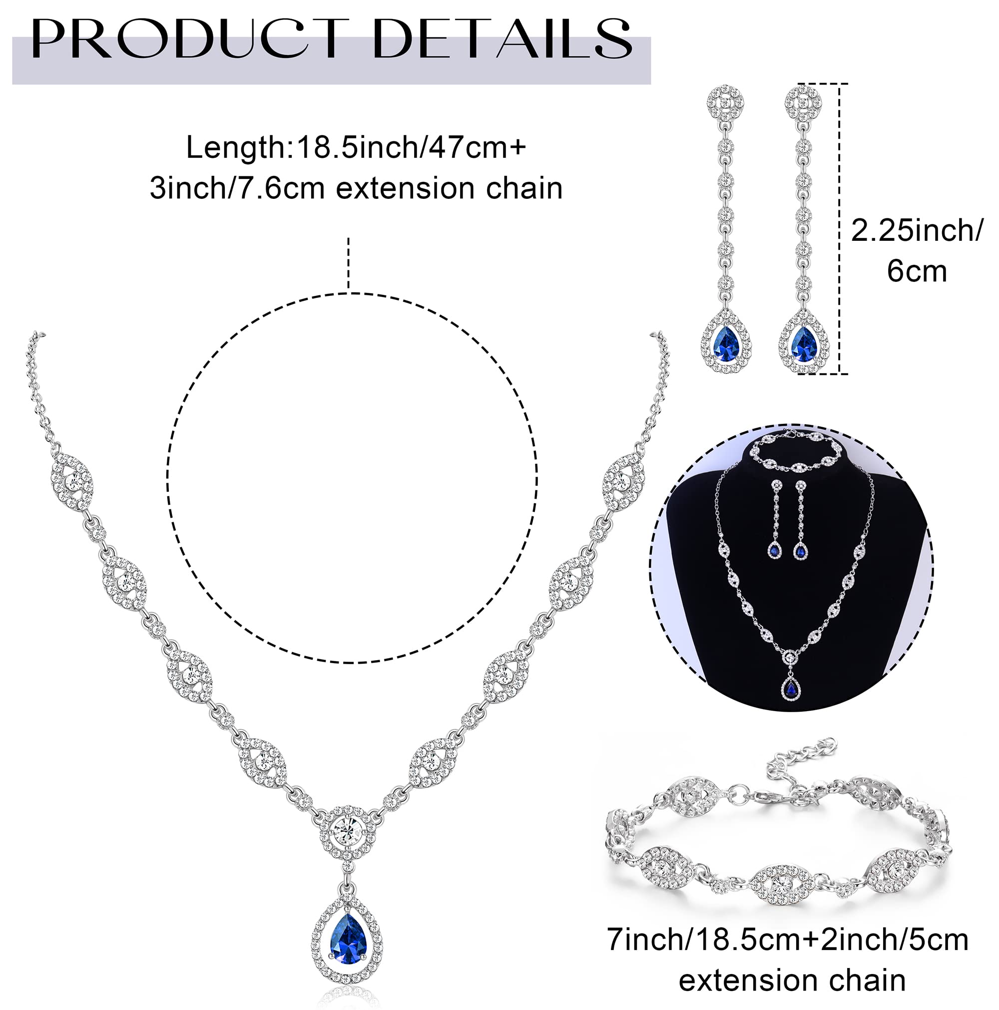 YADOCA Wedding Bridal Jewelry Set For Women Silver Prom Costume Jewelry Sets Rhinestone Crystal Teardrop Necklace Earrings Bracelet Bridesmaid Jewelry Accessories Blue