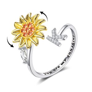 Fidget Rings for Anxiety for Women Sunflower Initial Letter Spinner Ring Open Adjustable Ring CZ Rings Daisy Stress Relieving Ring Jewelry Gift for Women Valentine's Day You are My Sunshine Ring