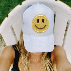 lycycse Smile Face Hat Womens Mesh Neon Trucker Hats with Sequins Smile Patch Preppy Hat Retro Baseball Cap