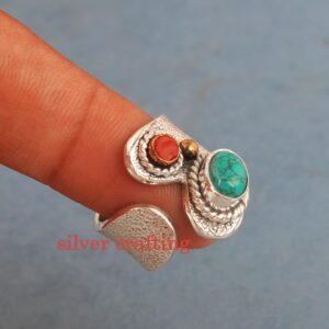 Turquoise And Coral Gemstone Ring Thumb Sterling Silver Natural Stone Ring Personalized Boho Ring (7.5)