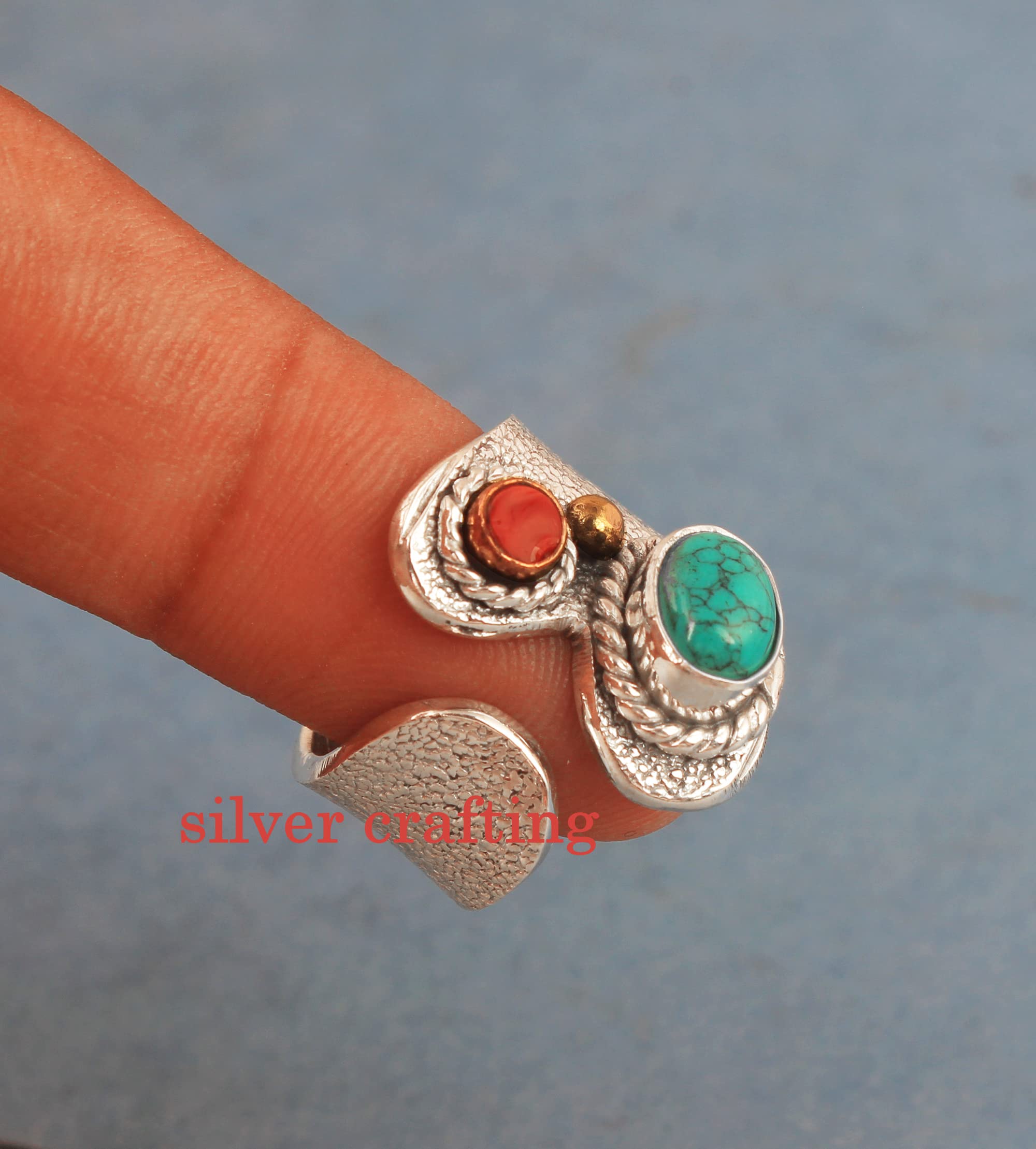 Turquoise And Coral Gemstone Ring Thumb Sterling Silver Natural Stone Ring Personalized Boho Ring (7.5)