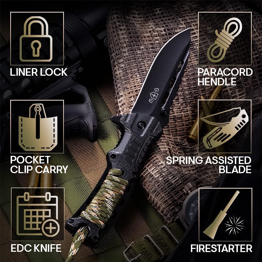 Bundle of 2 Items - Pocket Knife - Tactical Folding Knife - Knife with Fire Starter Paracord Handle - Best EDC Survival Hiking Hunting Camping Knife - Travel Accessories Gear Knife Gifts