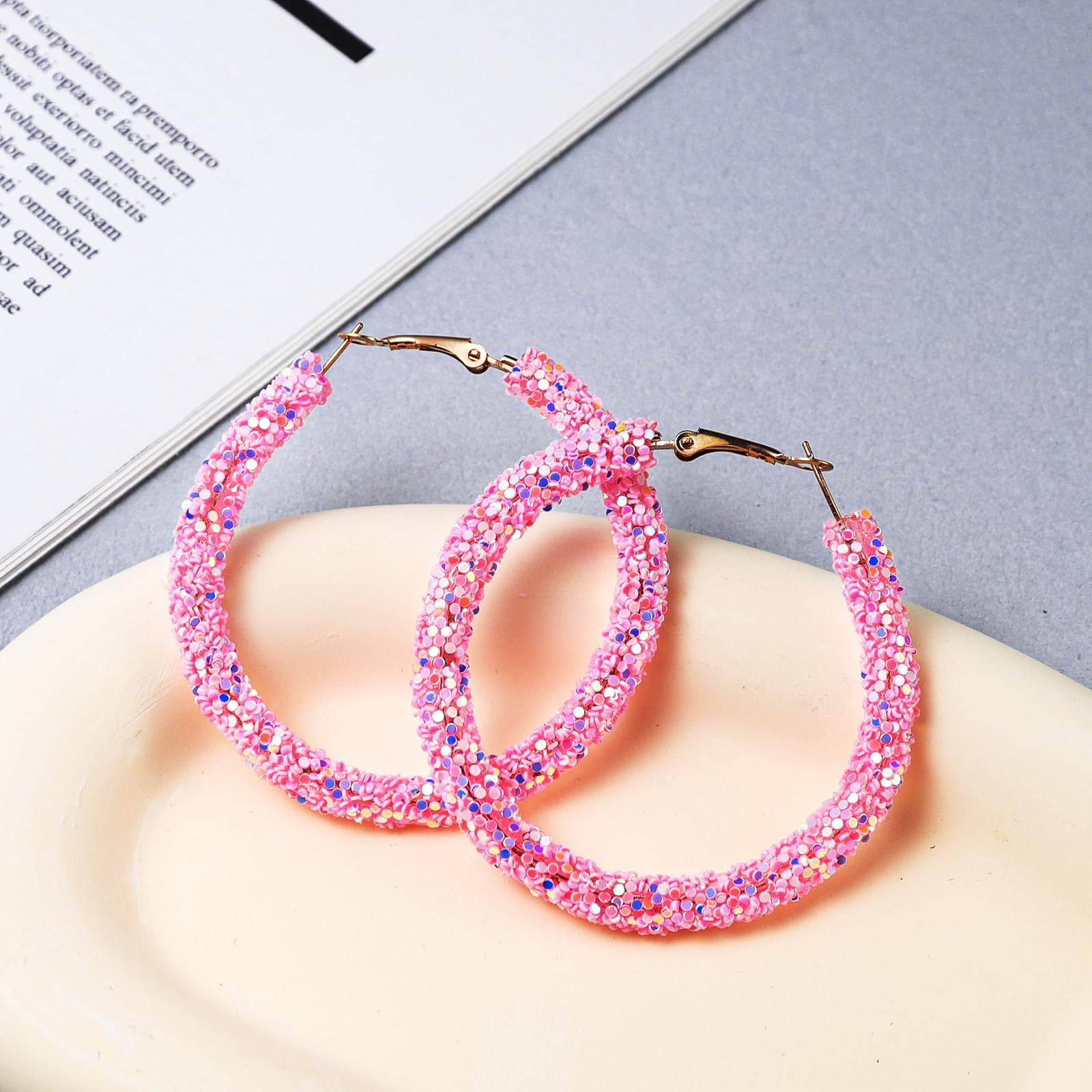 Bohemian Shiny Glitter Sequins Hoop Earrings Wrapped Gold Plated Circle Statement Rhinestone Dangle Drop Earrings for Women Boho Jewelry-pink