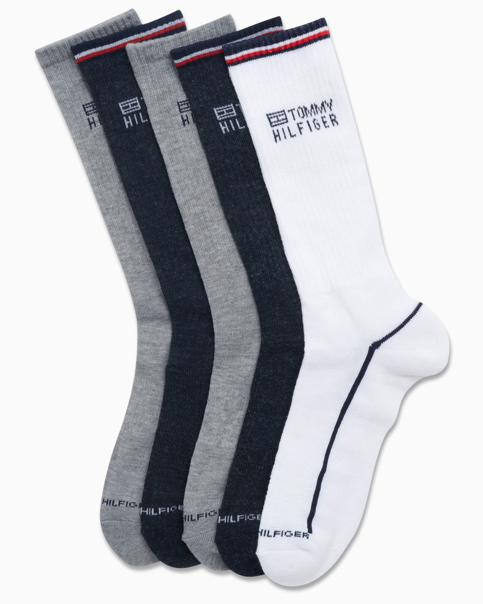 Tommy Hilfiger Men's Athletic Socks - Cushioned Crew Socks (5 Pack), Size 7-12, White Assorted