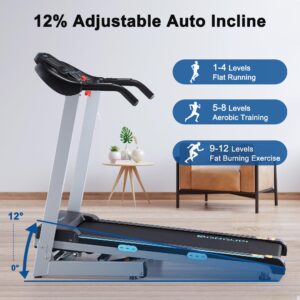 BORGUSI Treadmill with 12% Auto Incline and 300 LBS Capacity, 17.5" Wide 3 HP Folding Electric Treadmill Max 8.5 MPH Speed, Running Machine with Bluetooth Speaker & LCD Display for Home Use