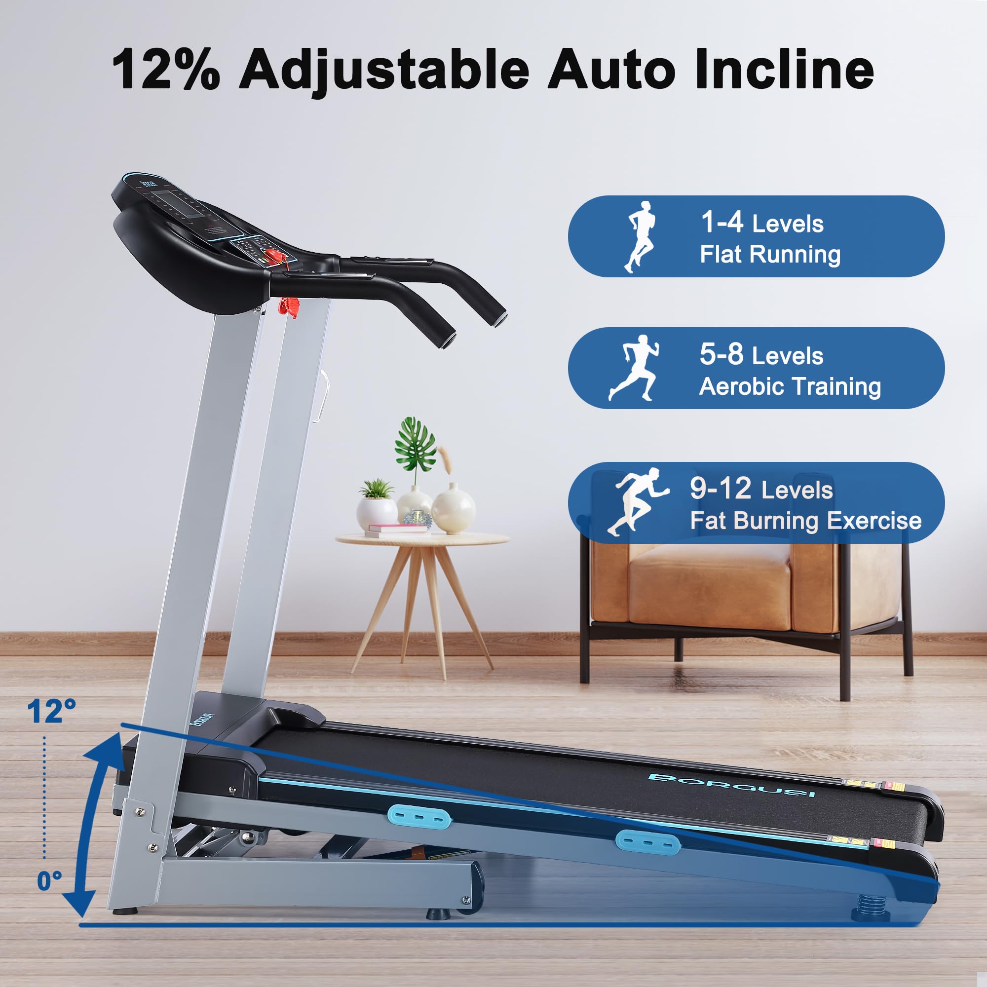 BORGUSI Treadmill with 12% Auto Incline and 300 LBS Capacity, 17.5" Wide 3 HP Folding Electric Treadmill Max 8.5 MPH Speed, Running Machine with Bluetooth Speaker & LCD Display for Home Use