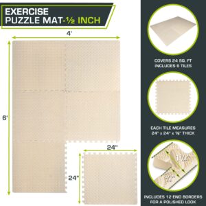 ProsourceFit Puzzle Exercise Mat ½ in, EVA Interlocking Foam Floor Tiles for Home Gym, Mat for Home Workout Equipment, Floor Padding for Kids, Cream, 24 in x 24 in x ½ in, 24 Sq Ft - 6 Tiles