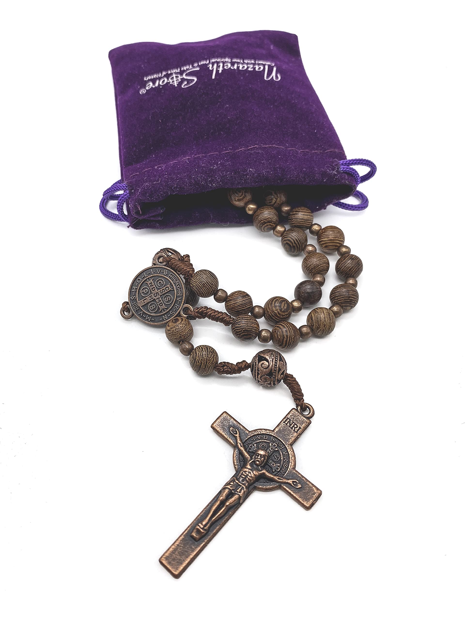 Nazareth Store Sacred St Benedict Wood beads Rosary Solid Wooden Beaded Necklace & Metal Glory Beads Catholic Cross Crucifix