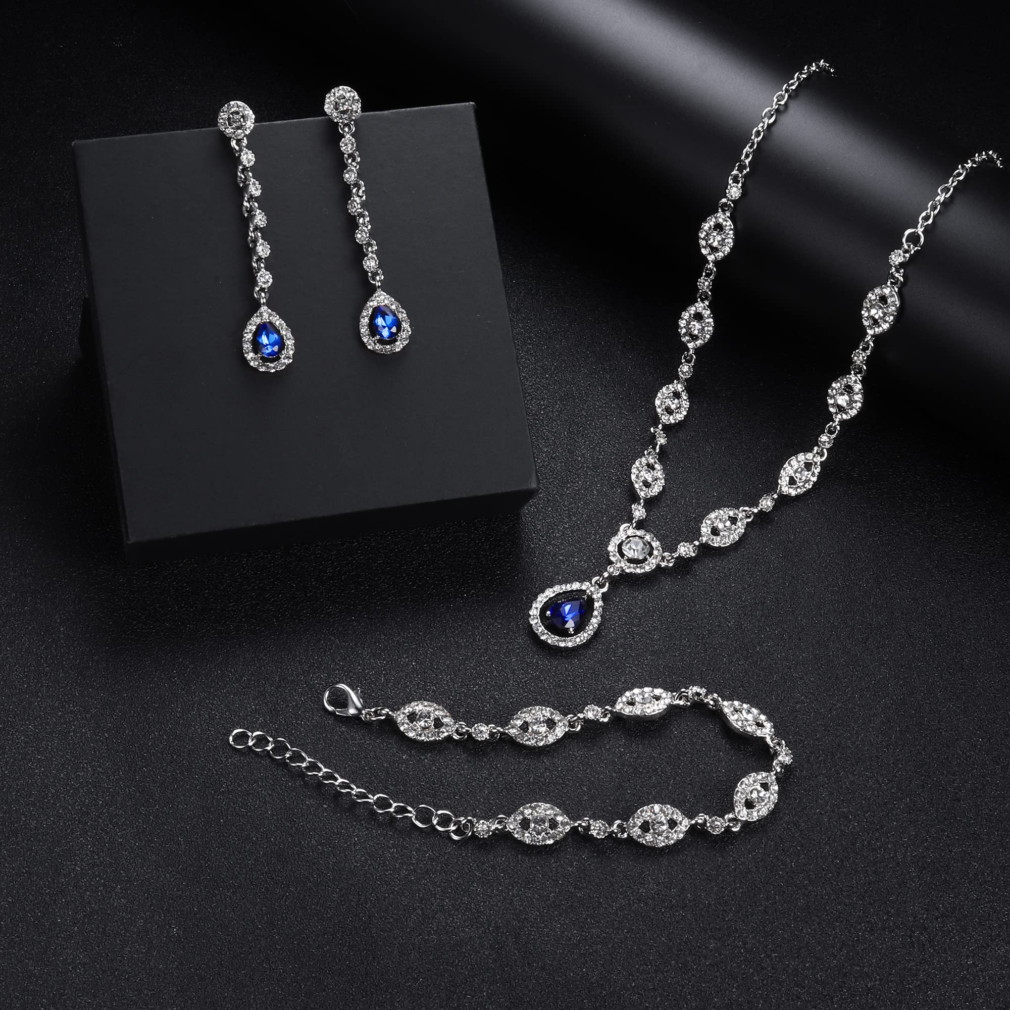 YADOCA Wedding Bridal Jewelry Set For Women Silver Prom Costume Jewelry Sets Rhinestone Crystal Teardrop Necklace Earrings Bracelet Bridesmaid Jewelry Accessories Blue