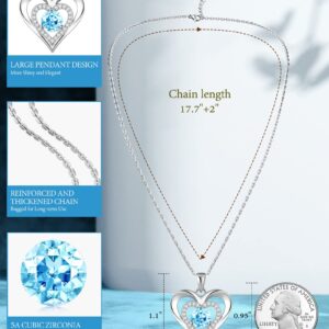 925 Sterling Silver Heart Necklace for Women Love Pendant Shiny Large Creat Aquamarine Birthstone Necklace Jewelry Valentine's Day Birthday Mothers Day Gifts for Mom Her Women Wife