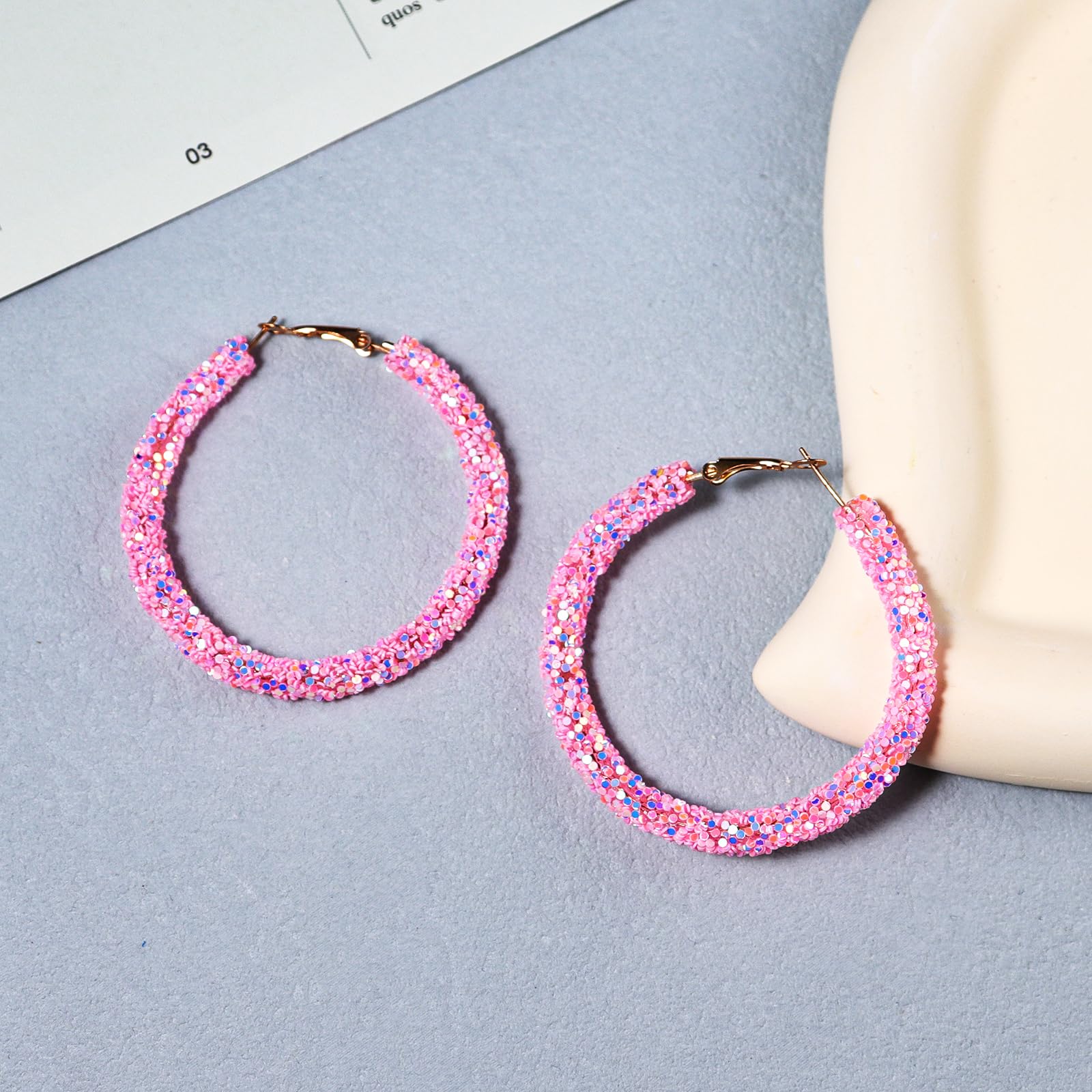 Bohemian Shiny Glitter Sequins Hoop Earrings Wrapped Gold Plated Circle Statement Rhinestone Dangle Drop Earrings for Women Boho Jewelry-pink