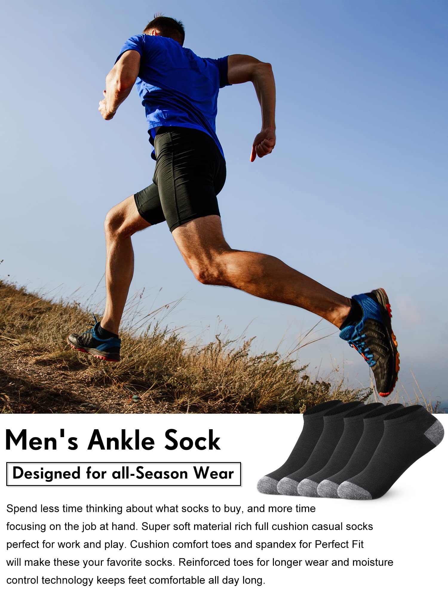 Foaincore 60 Pairs Mens Ankle Socks Athletic Low Cut Socks No Show Cushion Socks Comfort Breathable Casual Mens Running Socks (Black and Gray)