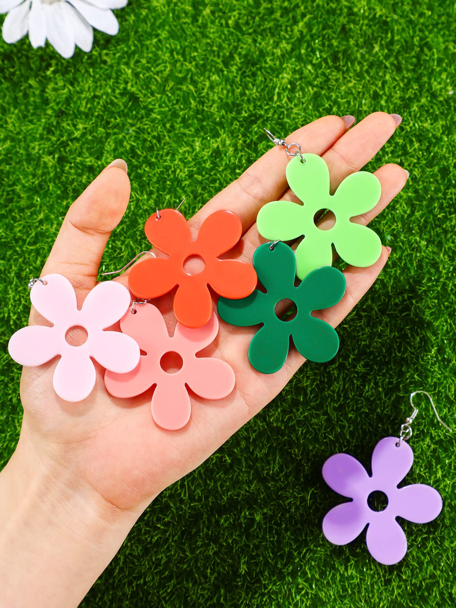 6 Pairs Retro Earrings for Women Girl Groovy Retro Daisy Flower Earrings Hawaii Daisy Flower Earrings Dangle Acrylic Daisy Flower Hawaii Plant Earrings Wild Lily Petals, 6 Colors