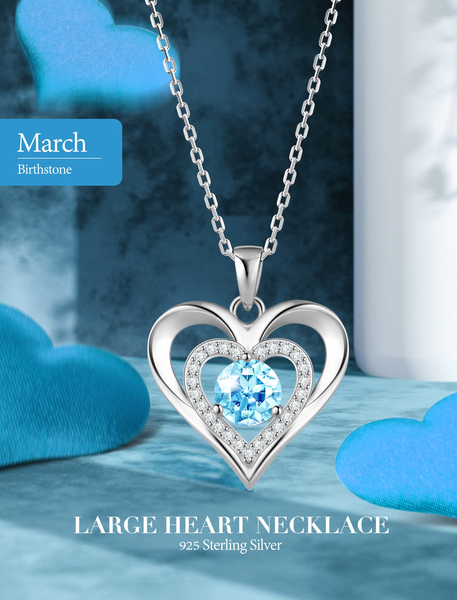 925 Sterling Silver Heart Necklace for Women Love Pendant Shiny Large Creat Aquamarine Birthstone Necklace Jewelry Valentine's Day Birthday Mothers Day Gifts for Mom Her Women Wife