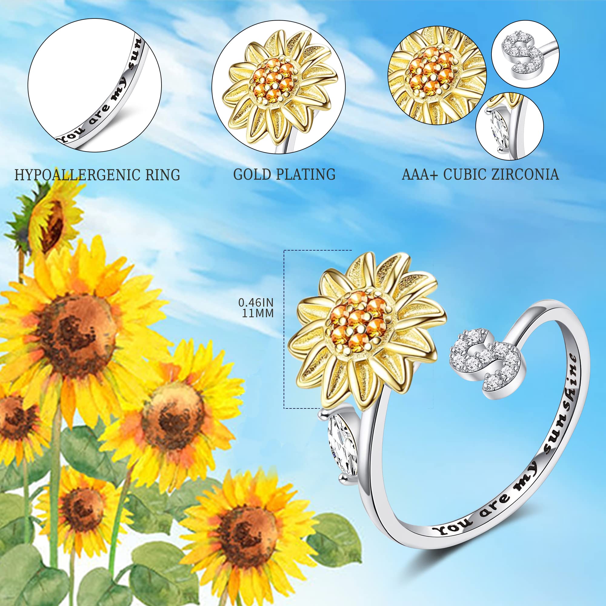 Fidget Rings for Anxiety for Women Sunflower Initial Letter Spinner Ring Open Adjustable Ring CZ Rings Daisy Stress Relieving Ring Jewelry Gift for Women Valentine's Day You are My Sunshine Ring