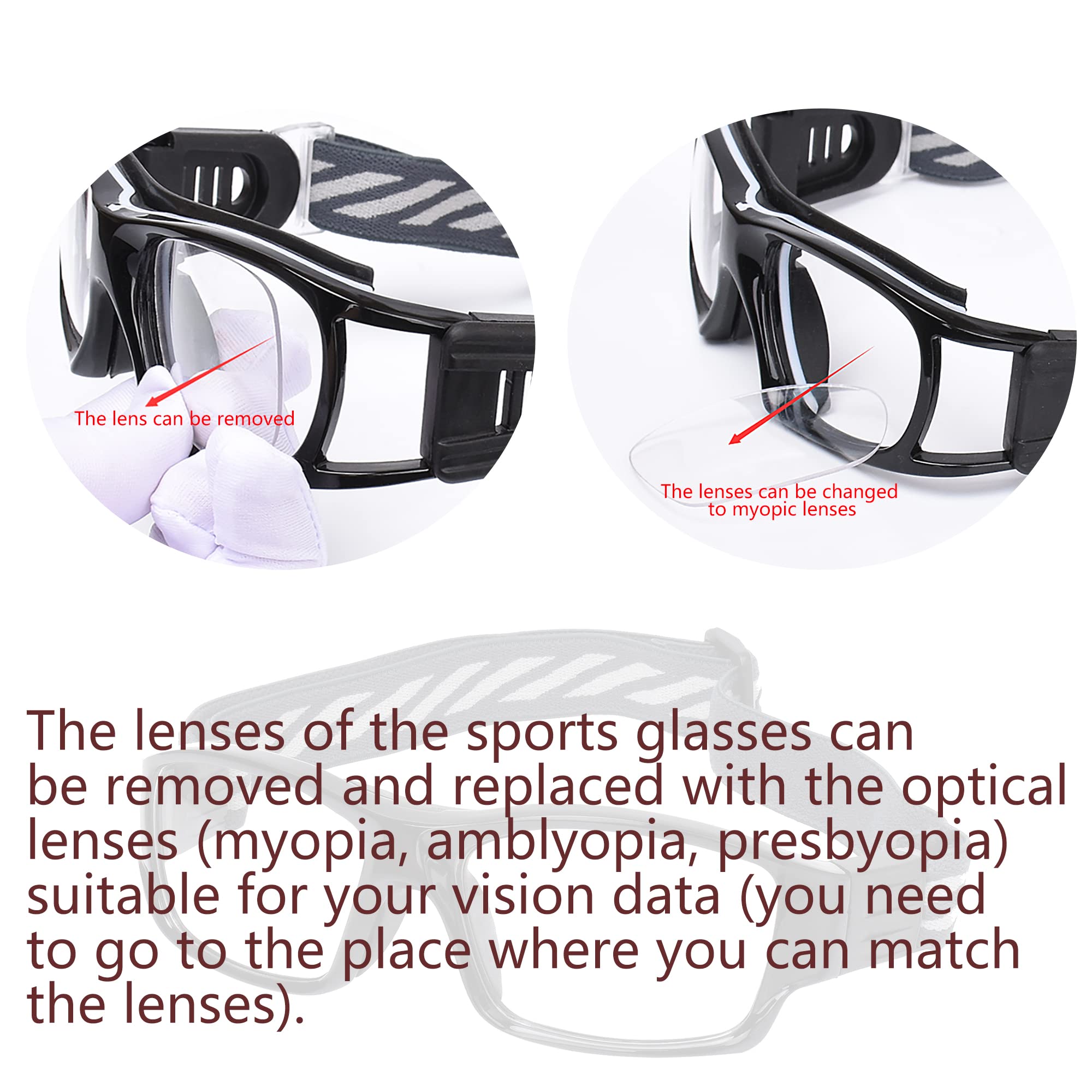 SooGree Sport Glasses Goggles Basketball Soccer Football Sports Protective Eyewear Goggles Anti Collision Safety Glasses-Replaceable Prescription Lens (8031 Black Frame Black Pad)