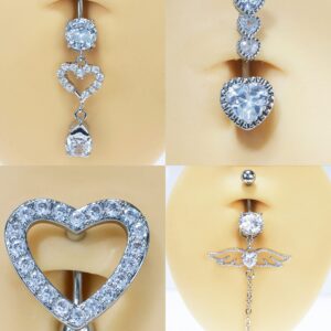 14G Surgical Steel Belly Button Rings Round/Love Heart Clear CZ Navel Curved Barbell Studs Sexy Body Piercing (4PCS - Steel - Style A)