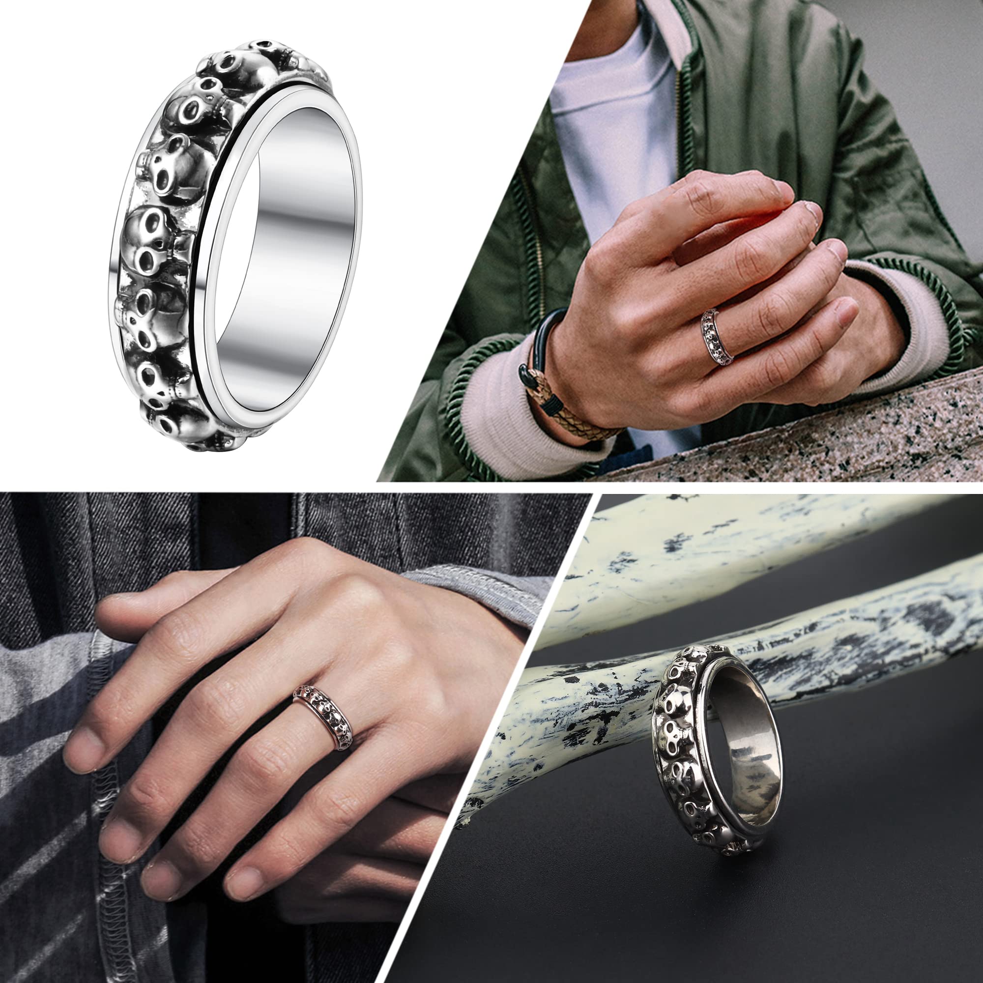 MUSECLOUD Skull Ring Punk Fidget Ring For Women Men Stainless Steel Thumb Anxiety Ring Vintage Cool Gothic Spinner Band Anti Anxiety Stress Relief Jewelry (Silver, 7)