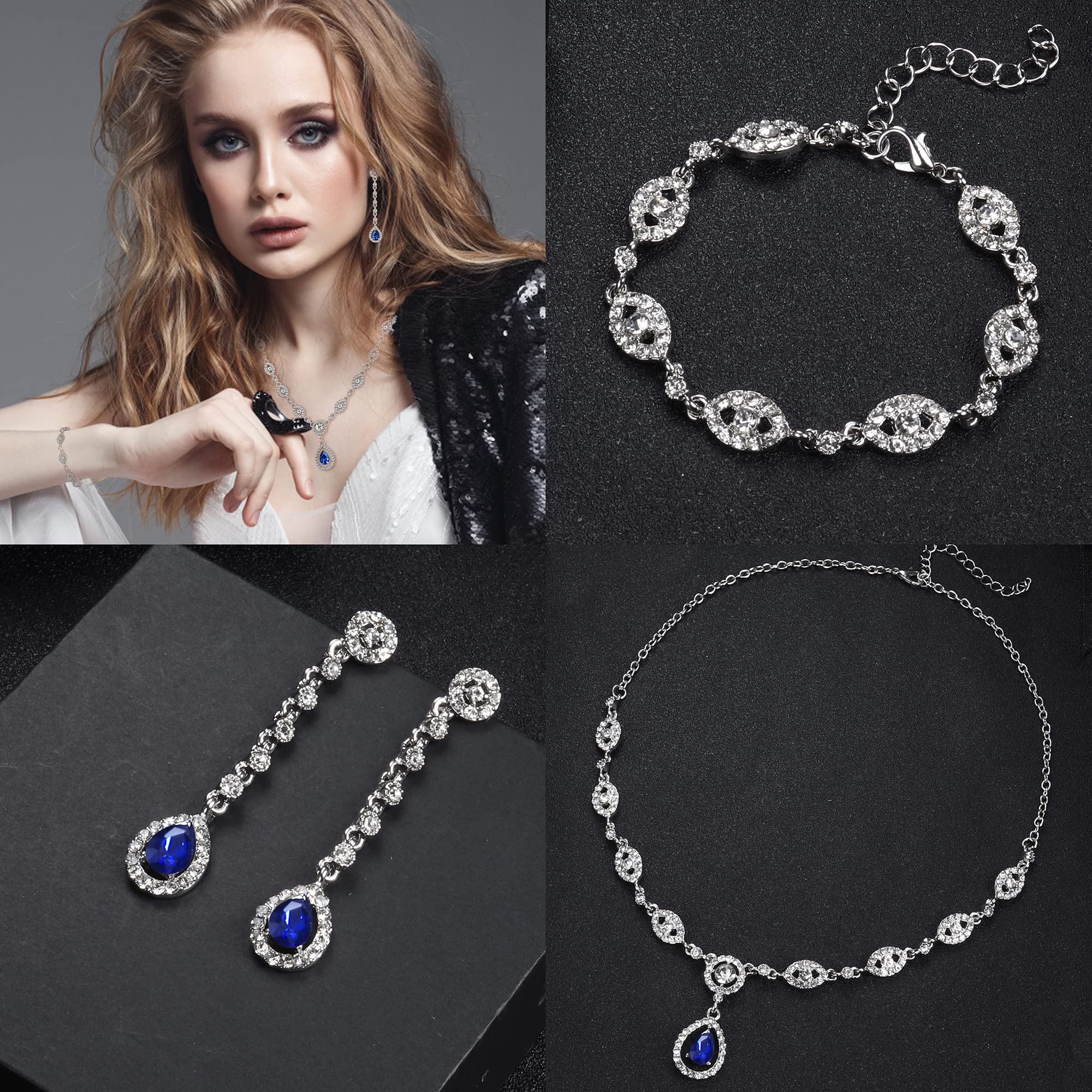 YADOCA Wedding Bridal Jewelry Set For Women Silver Prom Costume Jewelry Sets Rhinestone Crystal Teardrop Necklace Earrings Bracelet Bridesmaid Jewelry Accessories Blue