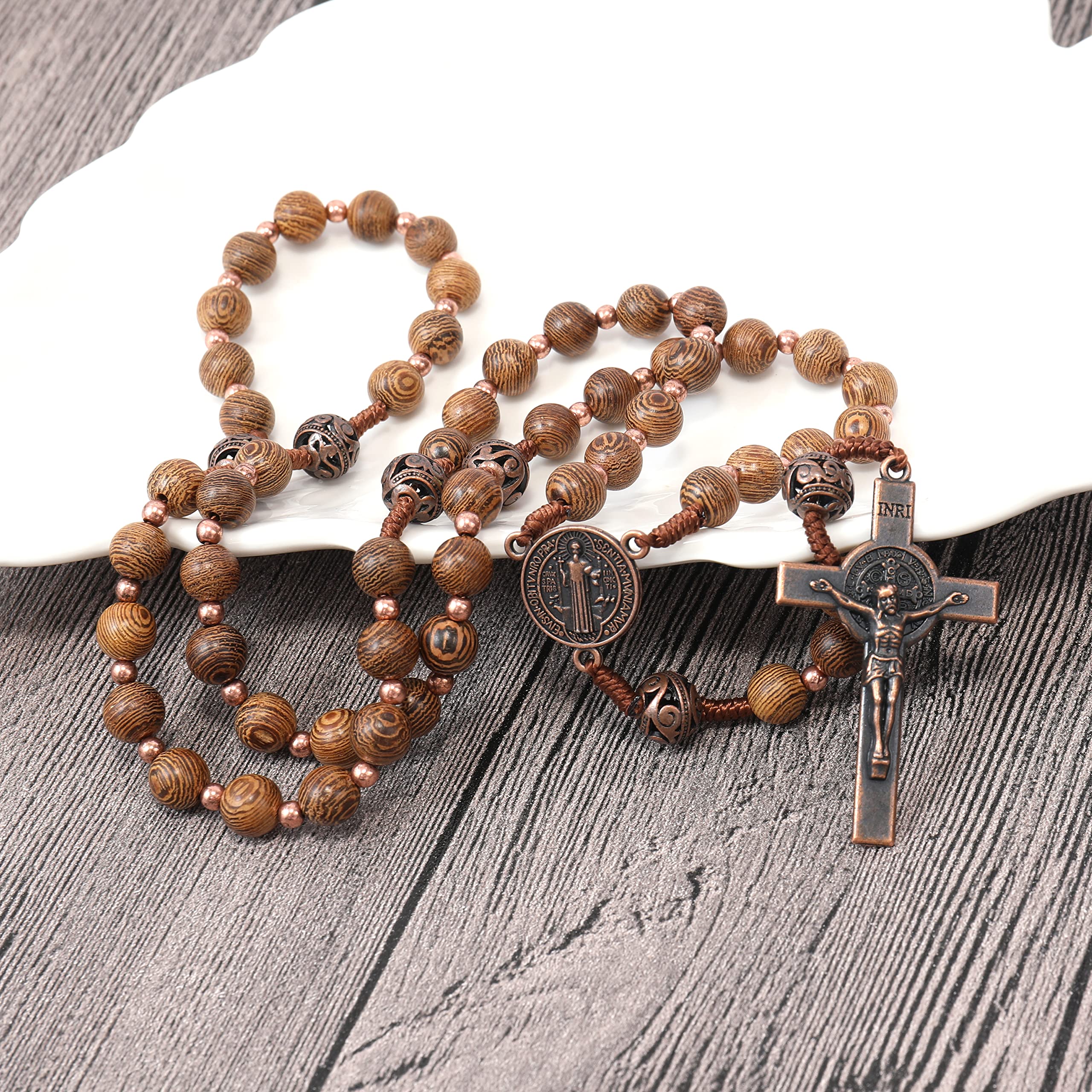 Nazareth Store Sacred St Benedict Wood beads Rosary Solid Wooden Beaded Necklace & Metal Glory Beads Catholic Cross Crucifix