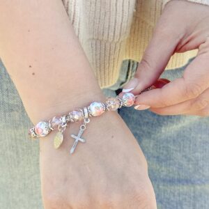 Nazareth Store Religious Cross Bracelet Pink Crystal Beaded Stretch Rosary Bracelet with Ceramic Flowers Beads Bangle Crucifix & Miraculous Medal Charm