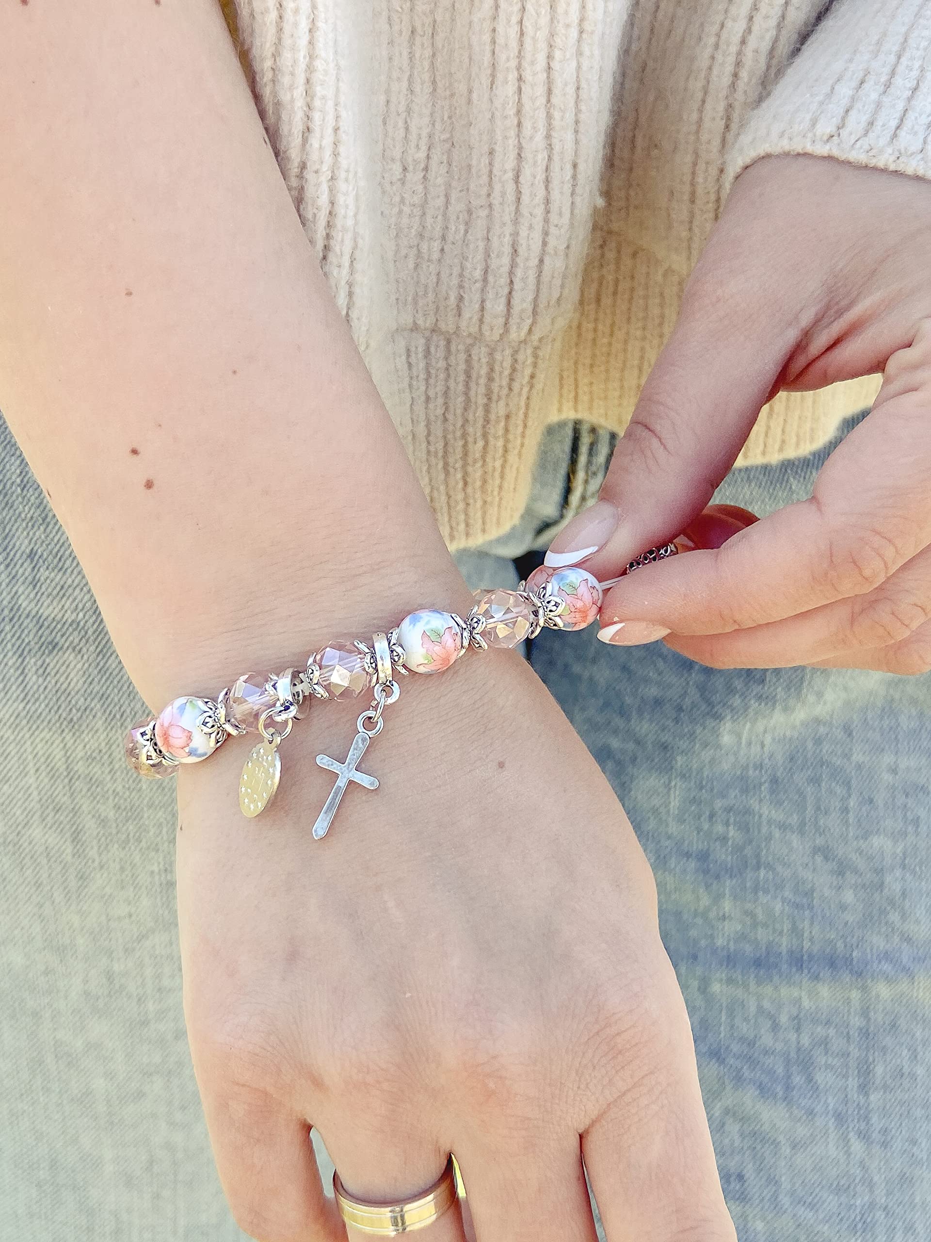 Nazareth Store Religious Cross Bracelet Pink Crystal Beaded Stretch Rosary Bracelet with Ceramic Flowers Beads Bangle Crucifix & Miraculous Medal Charm