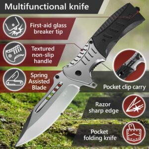 Bundle of 2 Items - Pocket Knife - Tactical Folding Knife - Knife with Fire Starter Paracord Handle - Best EDC Survival Hiking Hunting Camping Knife - Travel Accessories Gear Knife Gifts