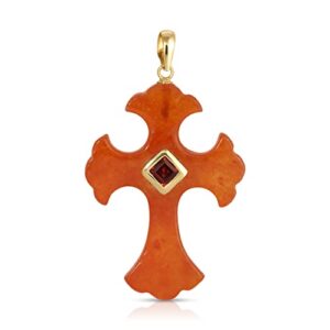 Regalia by Ulti Ramos Genuine Jade Hand Carved Cross Pendant in 14K Yellow Gold with Gemstone (Red Jade)