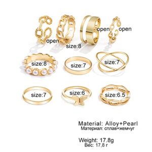 10Pcs Gold Dome Chunky Rings Set for Women Girls,18K Gold Plated Braided Twisted Round Signet Link Rings Adjustable Open Ring Band Statement Jewelry