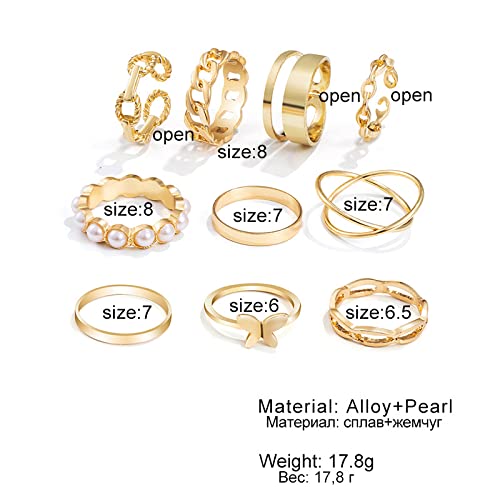 10Pcs Gold Dome Chunky Rings Set for Women Girls,18K Gold Plated Braided Twisted Round Signet Link Rings Adjustable Open Ring Band Statement Jewelry