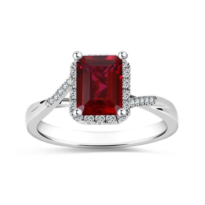 Navnita Jewellers Women's 925 Sterling Silver 1.50 Ct Emerald Cut Simulated Red Ruby Halo Engagement Ring (5)