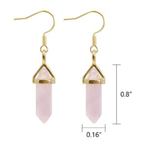 Ladywowu Rose Quartz Earrings for Women, Natural Healing Crystal Earrings Gold, Cute Hexagonal Points Pink Reiki Gemstones Dangle Drop Earrings