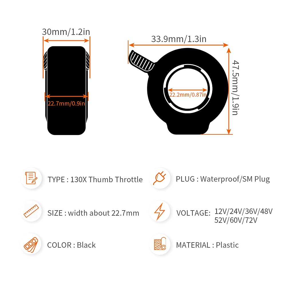 HUDAMZKY EBike 130X Thumb Throttle 24V 36V 48V 60V 72V Right/Left Hand SM/Waterproof Connector,E Bike Speed Control for Electric Bicycle Scooter Accessories (Waterproof Plug)