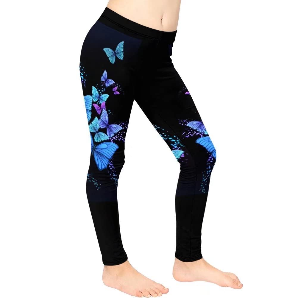 FOR U DESIGNS Kids Leggings Blue Butterflies Print Sport Athletic Leggings Gym Dance Running Yoga Pants High Waisted Leggings for Girls Casual Active Leggings Stretch Ankle Length Tights