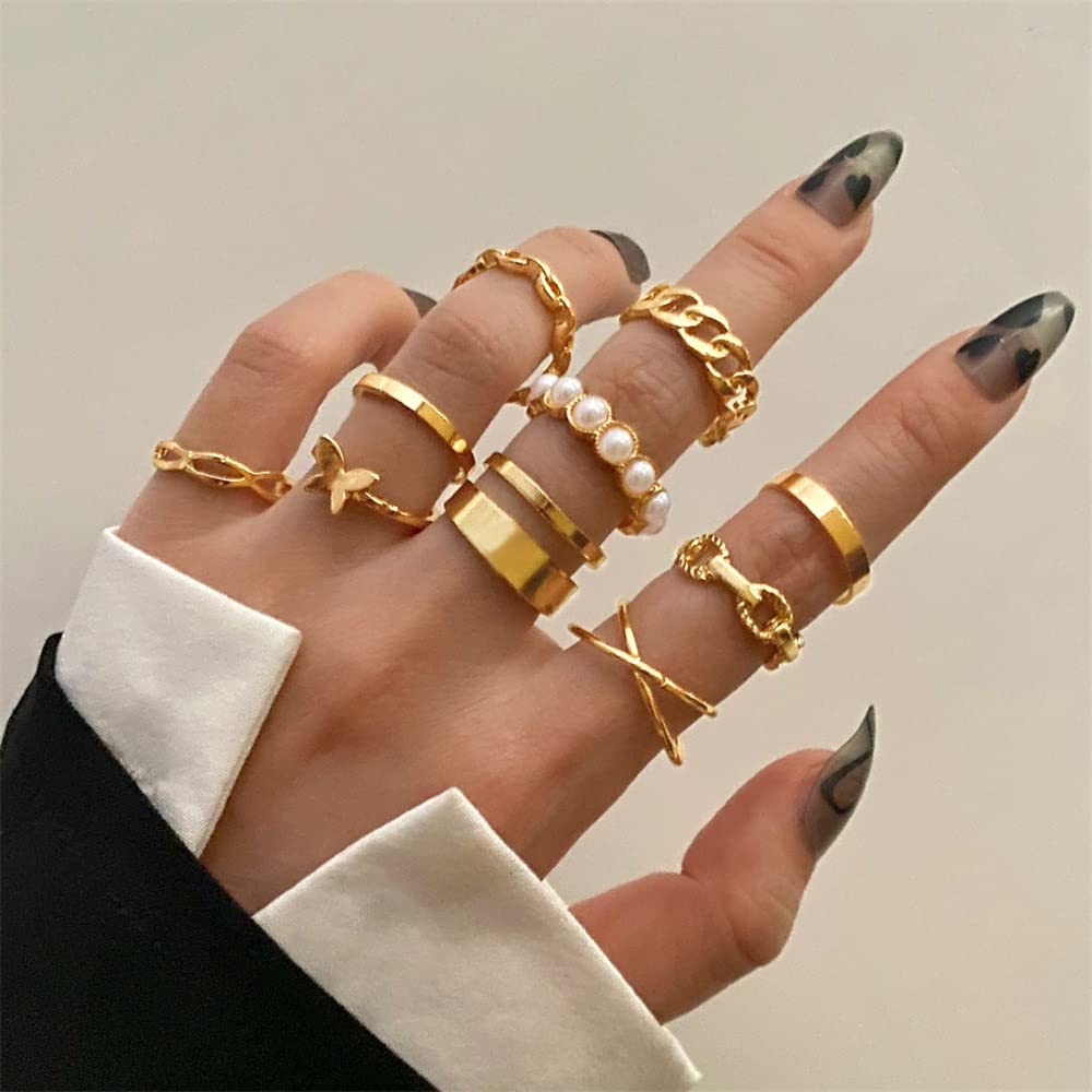 10Pcs Gold Dome Chunky Rings Set for Women Girls,18K Gold Plated Braided Twisted Round Signet Link Rings Adjustable Open Ring Band Statement Jewelry