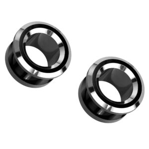 Pierced Owl 316L Stainless Steel Black and Silver Tone Rim Screw Fit Tunnel Plugs, Sold as a Pair (10mm (00GA))