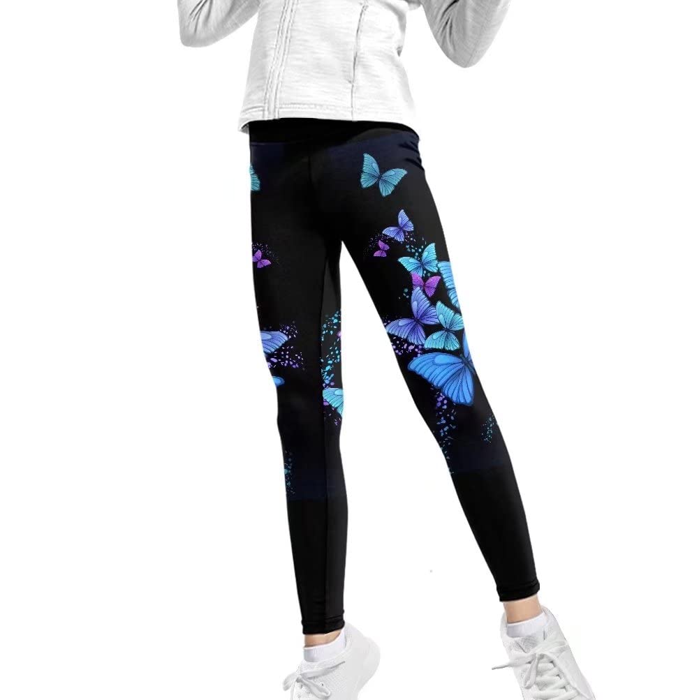 FOR U DESIGNS Kids Leggings Blue Butterflies Print Sport Athletic Leggings Gym Dance Running Yoga Pants High Waisted Leggings for Girls Casual Active Leggings Stretch Ankle Length Tights