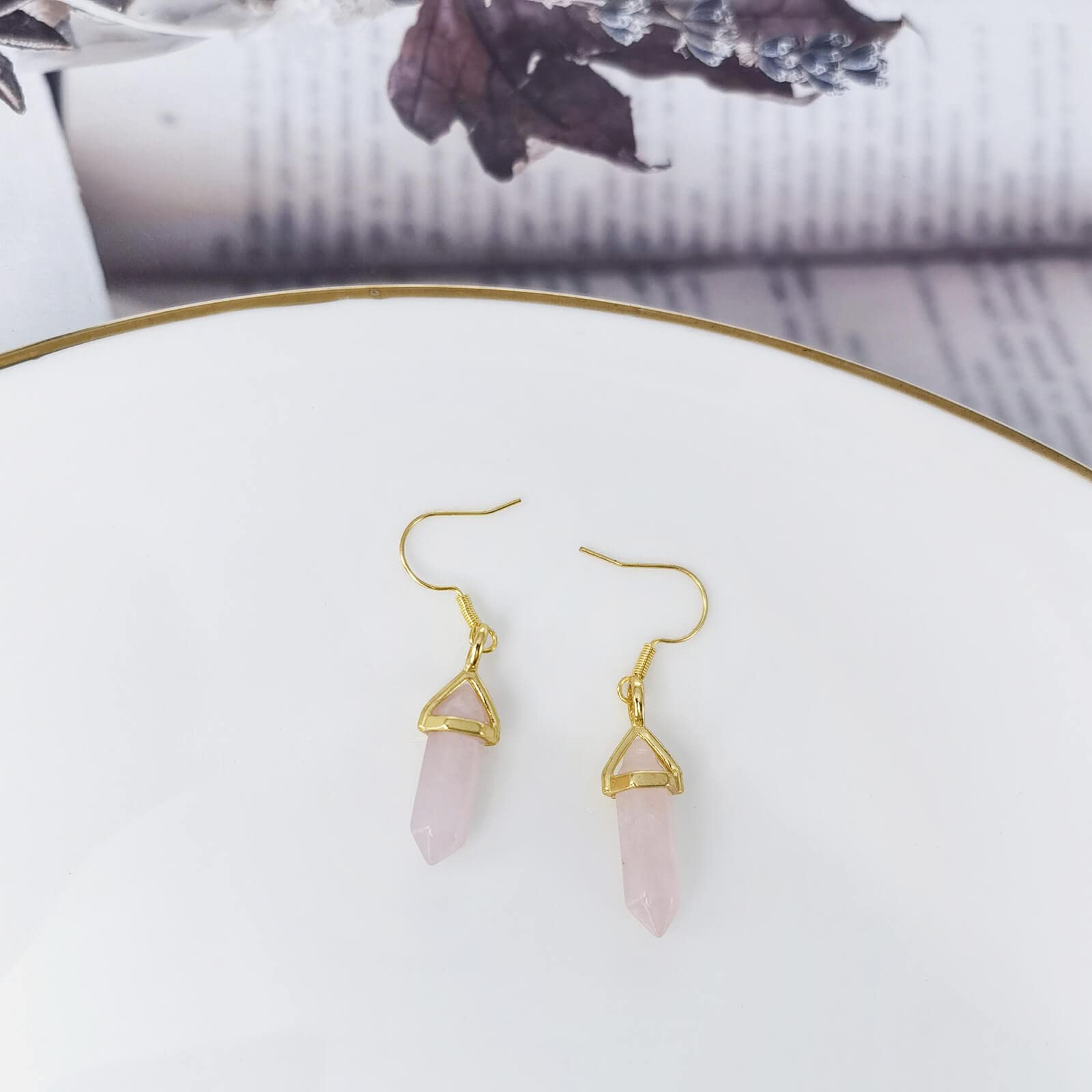 Ladywowu Rose Quartz Earrings for Women, Natural Healing Crystal Earrings Gold, Cute Hexagonal Points Pink Reiki Gemstones Dangle Drop Earrings