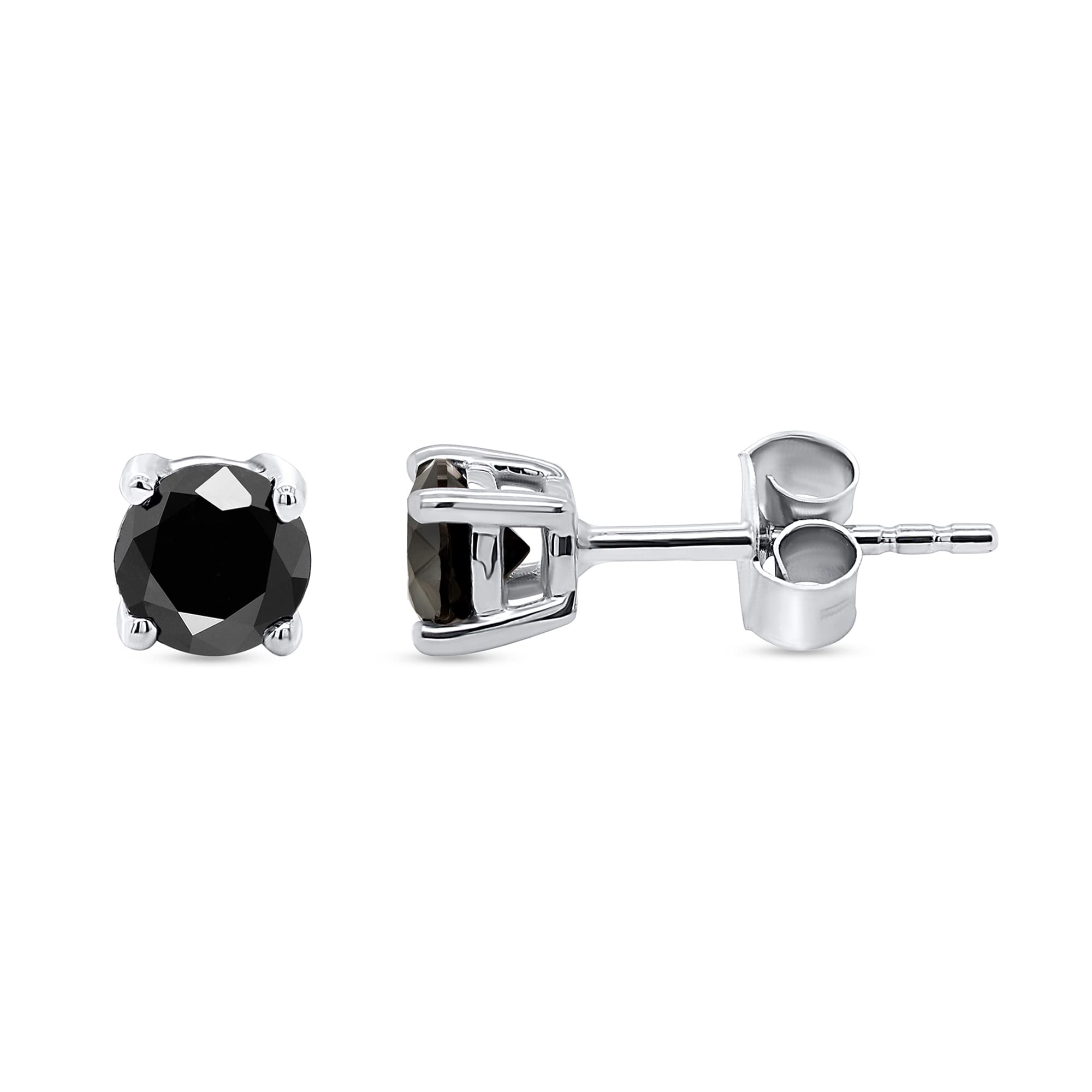 Shineadime Round Shape Black Diamond Solitaire Stud Earrings with Push Backs in 14K White Gold Over 925 Sterling Silver for Womens (1 Cttw)