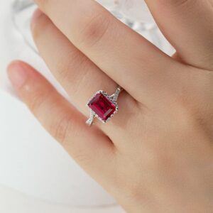 Navnita Jewellers Women's 925 Sterling Silver 1.50 Ct Emerald Cut Simulated Red Ruby Halo Engagement Ring (5)